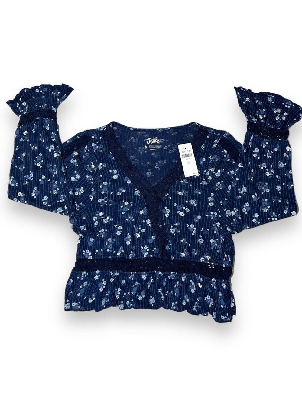 Justice Girl’s Bell Sleeve Crochet Detail Blouse Navy Size 8